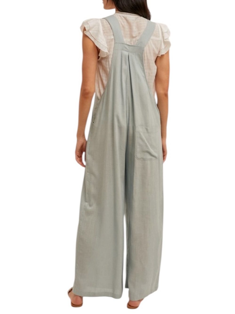 Light Sage Wide-Leg Linen Blend Overalls Jumpsuit - Picture 3 of 3